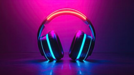 Headphones with a neon light glow in 3D rendering. Intense, colorful illumination of the music playing, creating an electrifying visual effect.