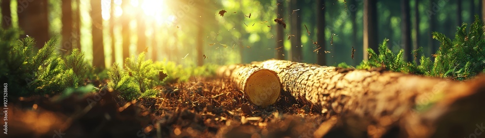 Poster a serene forest landscape featuring a fallen log, sunlight filtering through the trees, creating a p