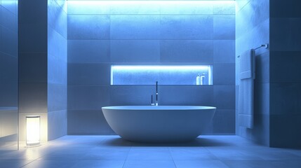 Bathroom with LED lighting and water-saving fixtures, focusing on clean energy