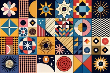 Obraz premium Geometric Abstract Mosaic: A vibrant, playful mosaic of geometric shapes and patterns, evoking a sense of harmony and order within vibrant colors.