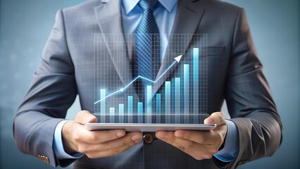 Strategic Financial Analysis: Focused businessman analyzes data on a digital tablet, with stock market charts overlaid, reflecting the fast-paced world of finance and investment.