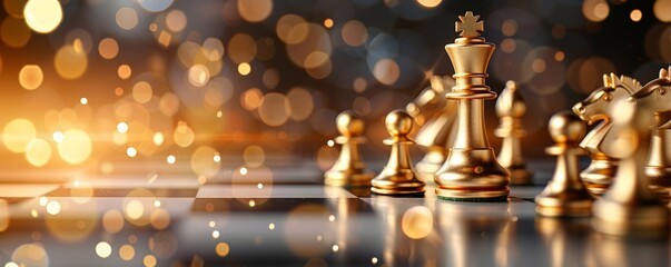 A close-up of elegant golden chess pieces set on a checkerboard, illuminated by a shimmering background of warm bokeh lights.