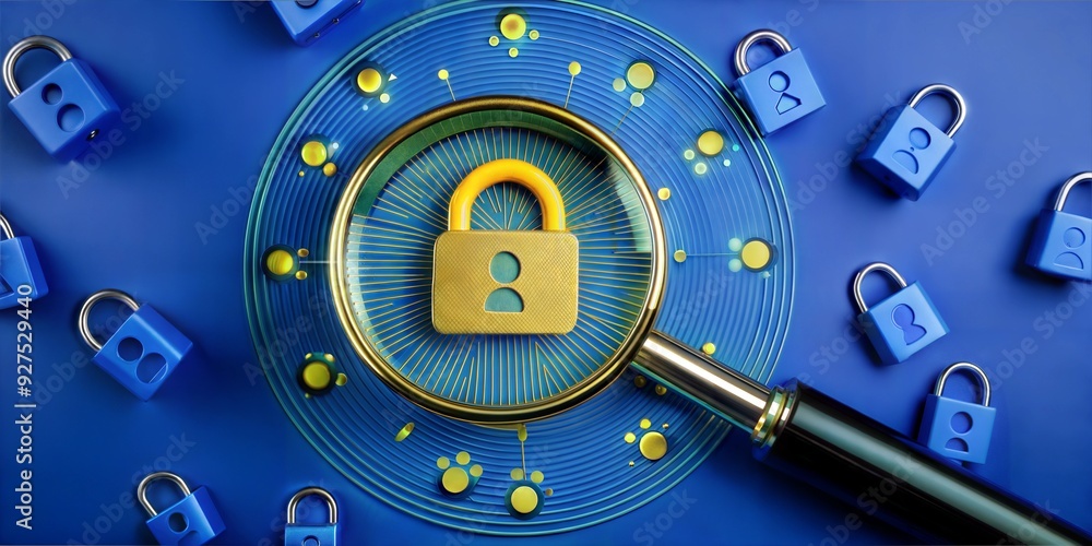 Poster cybersecurity under scrutiny: a golden padlock, representing digital security, magnified under a len