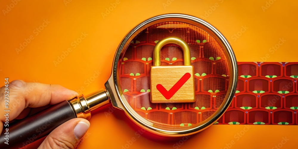 Poster magnifying security: a hand holding a magnifying glass focuses on a secure padlock with a checkmark,