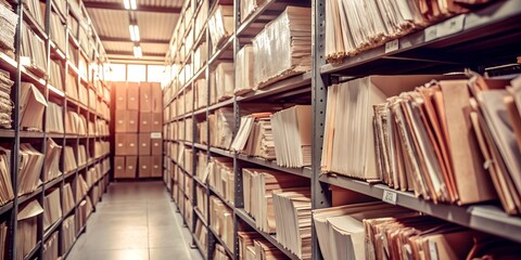 Obraz premium Warehouse Symphony in Aisles of Order: A vast storage facility hums with potential, bathed in the warm glow of logistics and efficiency. 