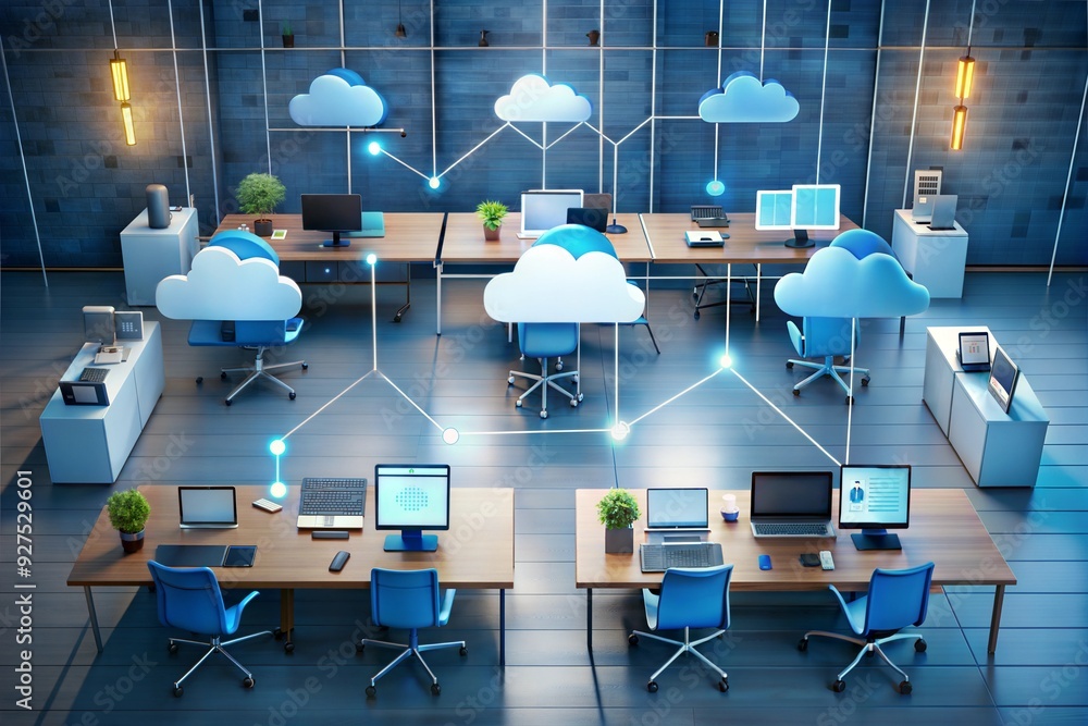 Poster cloud-connected workspace: a modern office environment illuminated by a glowing cloud icon, symboliz