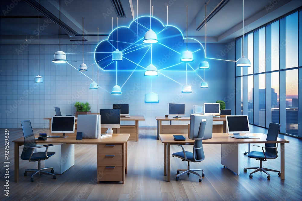 Poster cloud-connected workspace: a modern office environment illuminated by a glowing cloud icon, symboliz
