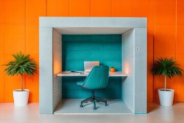 Modern Office Pod: A minimalist workspace with a turquoise wall, a desk, a laptop, and a blue chair, creating a calming and productive environment. The orange wall in the background adds a pop of colo