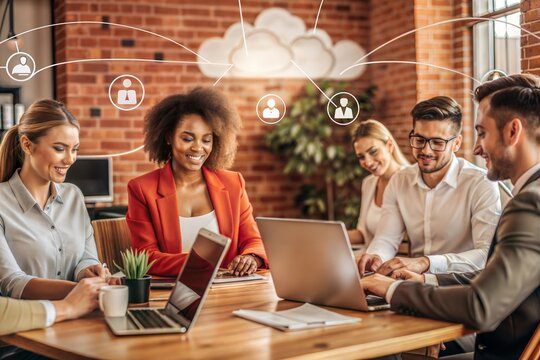 Seamless Cloud Collaboration: A diverse team thrives in a modern office, seamlessly connected through cloud computing - laptops and network graphic symbolize their digital synergy. 