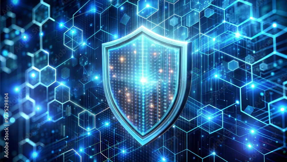 Poster digital fortress: glowing shield against a digital hex grid, symbolizing cybersecurity and data prot
