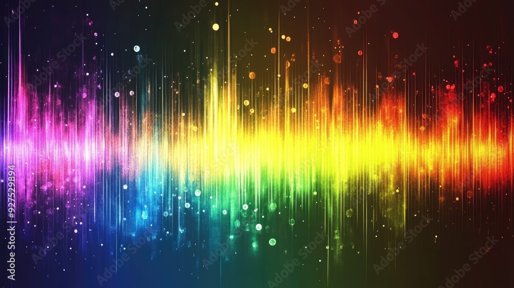 Poster Illustration of colorful sound wave lines in a rainbow gradient. Abstract background depicting the motion of speaking or audio with dynamic and vibrant design elements.