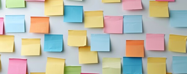 Colorful sticky notes arranged on a wall, ideal for brainstorming ideas or organizing thoughts in creative workspaces.