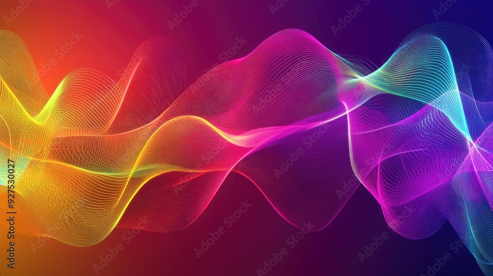 Poster Illustration of speaking sound wave lines with a vibrant rainbow gradient motion. Abstract background showcasing dynamic audio movement and colorful flow.