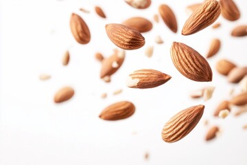 Flying in air almonds isolated on white background. Falling almond