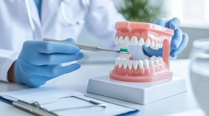 A dentist showing a patient how to properly brush their teeth using a dental model