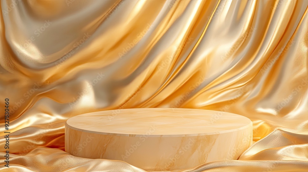 Poster luxurious background for branding with a beige podium on flowing gold fabric. elegant 3d rendering f
