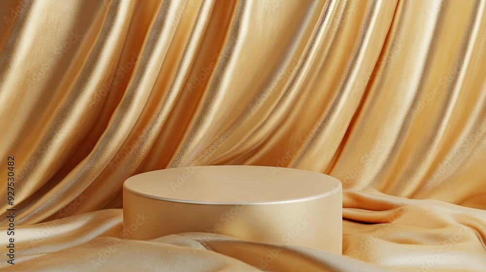 Poster luxurious background for branding with a beige podium on flowing gold fabric. elegant 3d rendering f