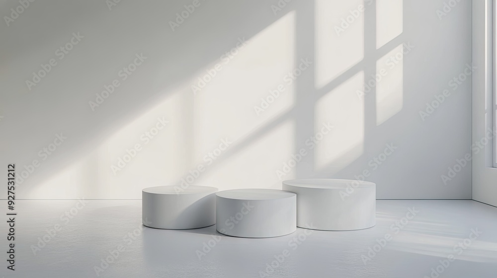 Poster minimalist cylinder-shaped podium in a pristine white studio. ideal for product presentations with a