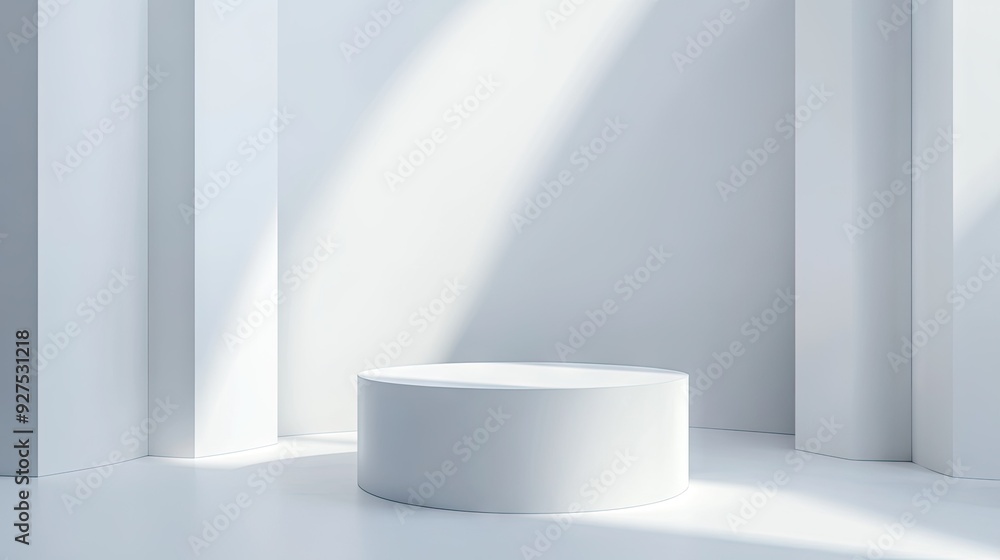 Poster minimalist cylinder-shaped podium in a pristine white studio. ideal for product presentations with a