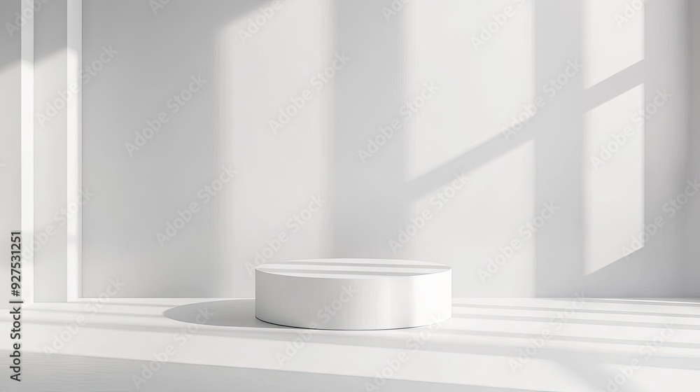 Poster minimalist cylinder-shaped podium in a pristine white studio. ideal for product presentations with a