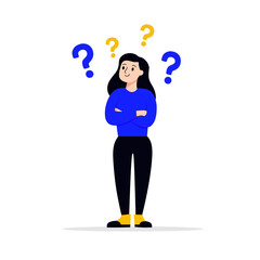 Illustration of a woman standing with question marks around her head, indicating confusion or thinking. graphic in blue and yellow colors.