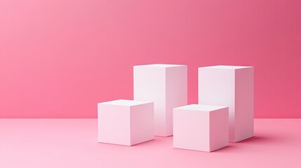 Obraz premium Minimalist design featuring three white cube podiums on a pink pastel backdrop. Perfect for product presentation and 3D rendering technical concepts.