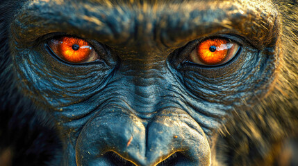Intense close-up of a Western Lowland Gorilla's striking orange eyes