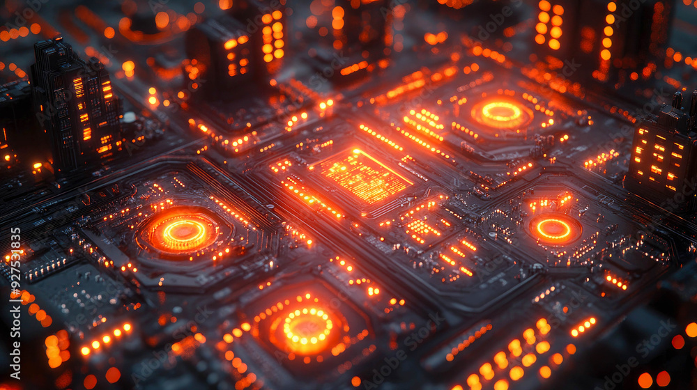 Poster a highly detailed illuminated circuit board with glowing orange and red lights, emphasizing modern t