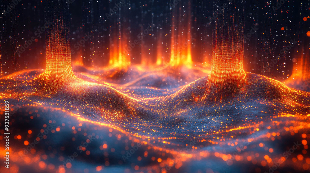 Poster a mesmerizing digital landscape with vibrant orange and blue light particles resembling data points,