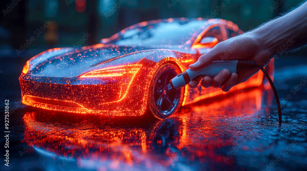 Poster engineer interacting with a holographic car model in a high-tech digital environment