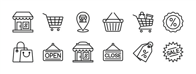 Shop or store line icon set. Containing bag and shopping cart, basket, map pin location, discount, open and close sign, sale, price tag, grocery, market, promotion, supermarket. Vector illustration