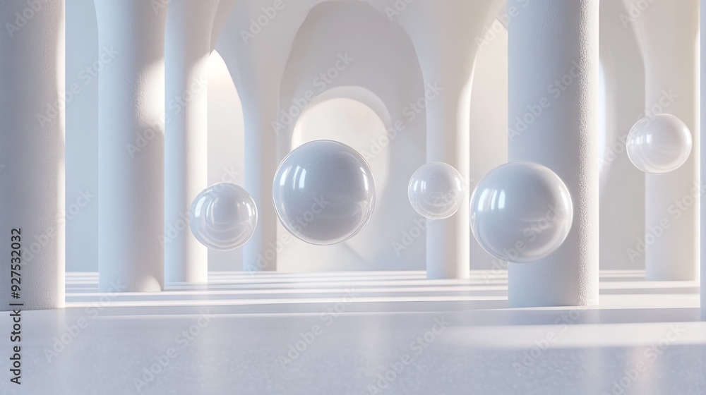 Poster modern 3d rendering of floating spheres in an airy, spacious scene. ideal for highlighting product d