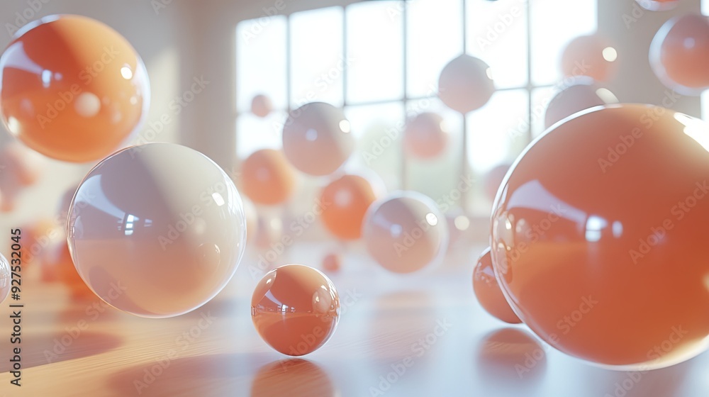 Poster modern 3d rendering of floating spheres in an airy, spacious scene. ideal for highlighting product d