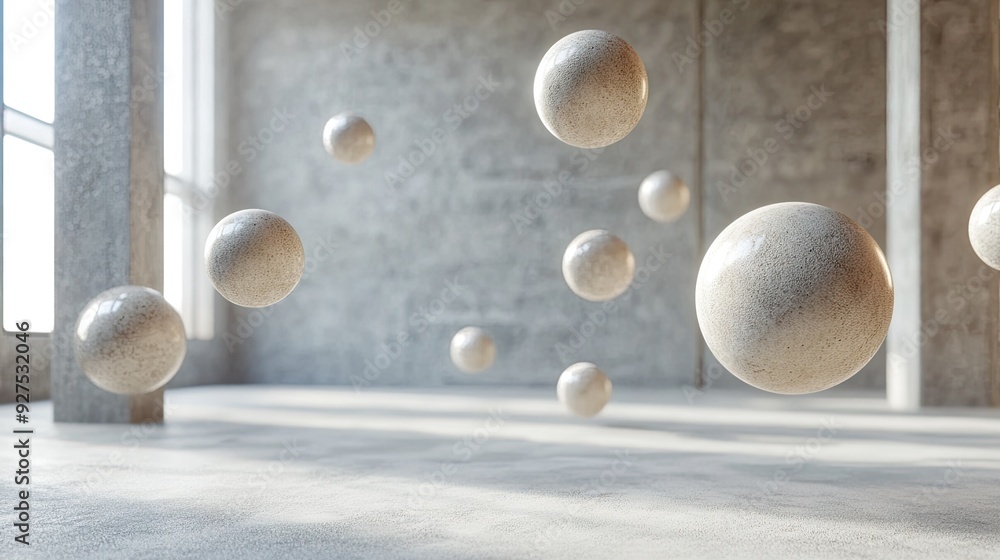 Poster modern 3d rendering of floating spheres in an airy, spacious scene. ideal for highlighting product d