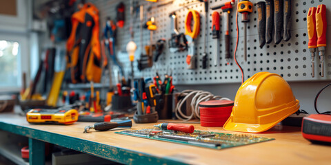 A workspace of an electrician, featuring a workbench with neatly arranged tools, and circuit board in progress,.
