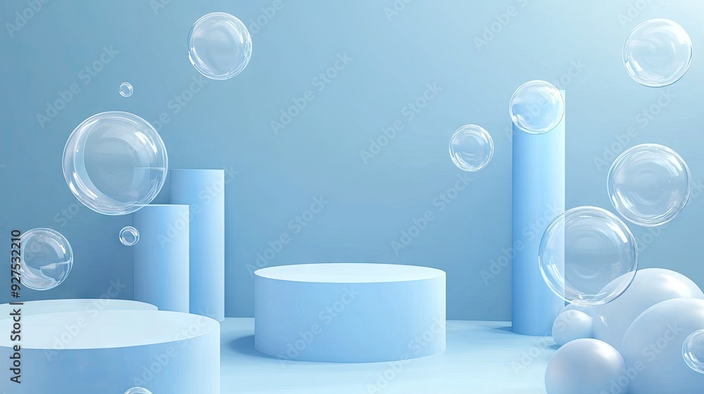 Poster modern blue podium stage with soap bubbles drifting across the scene. realistic 3d vector design wit