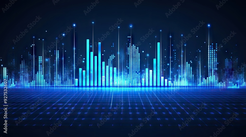 Poster modern vector design of a blue music equalizer with dynamic bars and wave effects. high-tech visual 