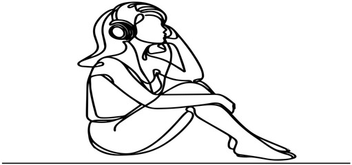 continuous single line drawing of woman listening to music with headphones, line art vector illustration