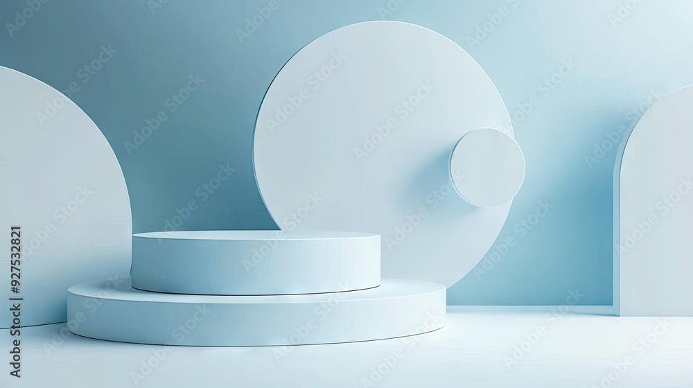 Poster modern white and blue cylinder podium with floating circular shapes in a minimal abstract background