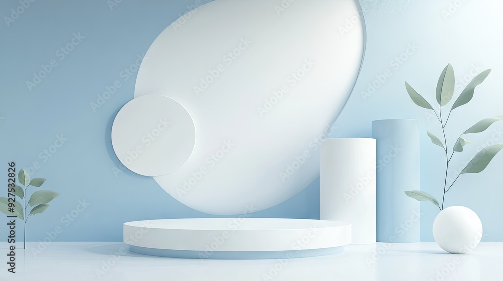 Poster modern white and blue cylinder podium with floating circular shapes in a minimal abstract background