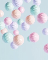 Many pastel golf balls falling on pastel blue background. Minimal creative sport concept.