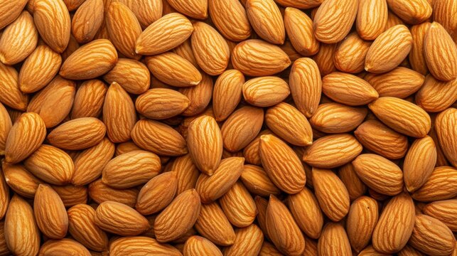 Background of big peeled almonds nuts as situated arbitrarily, top view. Healthy snack