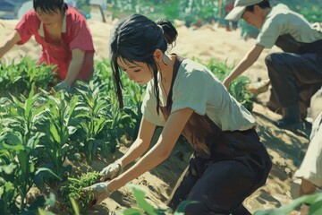 Asian Farmers at Work: Shows the hard work of farmers in caring for their crops