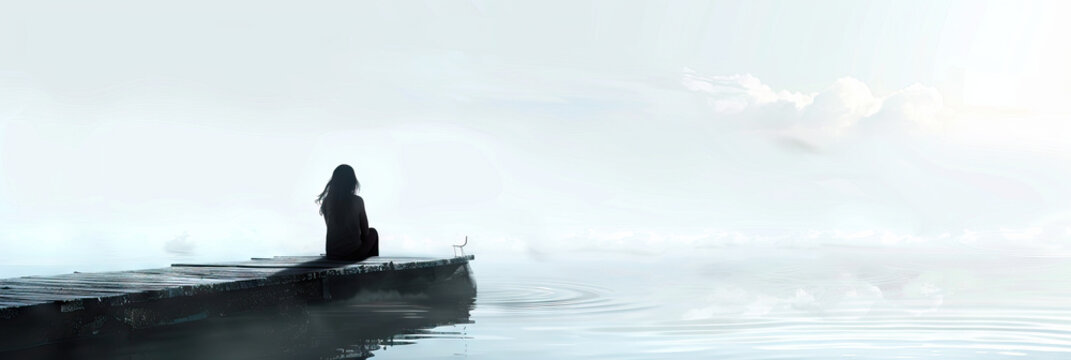 Wistful Waters: A lone woman sits at a pier, her gaze lost in the distance as the ripples lap against the shore.