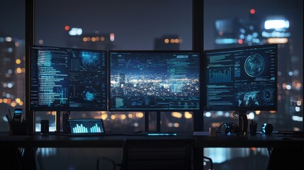 A virtual workspace with multiple monitors displaying data, representing the future of remote work
