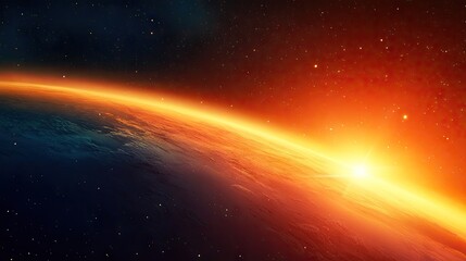 Fototapeta premium Outer space scene with a planet horizon glowing bright orange. Realistic vector illustration showcases abstract sunrise or sunset light set against a dark, star-filled cosmos.