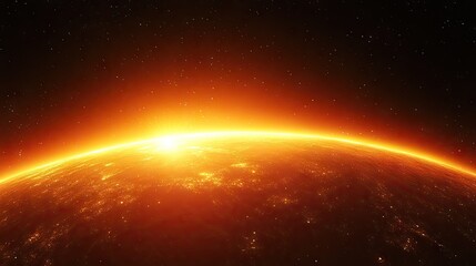 Outer space view of a planet horizon bathed in a bright orange glow. Realistic vector illustration captures an abstract sunrise or sunset light against a dark, starry backdrop.
