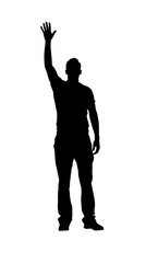 a black silhouette of a man waving a hand full body front view on a white background