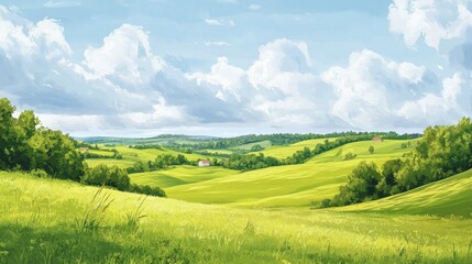 Fototapeta premium Pastoral scenery with green meadows and soft hills in a vector landscape design. The peaceful countryside panorama captures rural life, fields, and natural grassland terrain.
