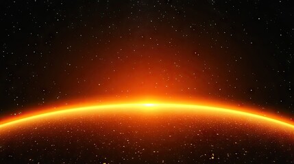 Planetary horizon glowing bright orange, seen from outer space. Abstract sunrise or sunset light contrasts with the dark, starry cosmos in this realistic vector illustration.
